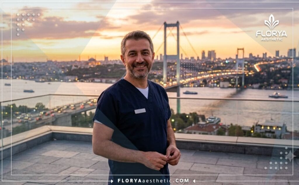 Friendly rhinoplasty expert welcoming a patient in Istanbul with the Bosphorus in the background.