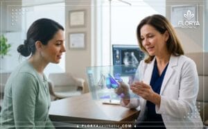 طبيب محترف يشرح خطة جراحة تجميل الأنف العظمي باستخدام جهاز لوحي متطور