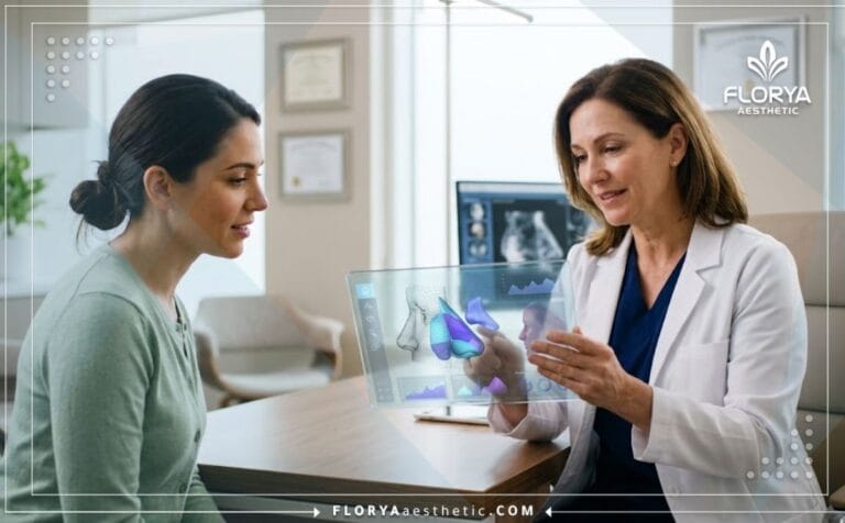 طبيب محترف يشرح خطة جراحة تجميل الأنف العظمي باستخدام جهاز لوحي متطور