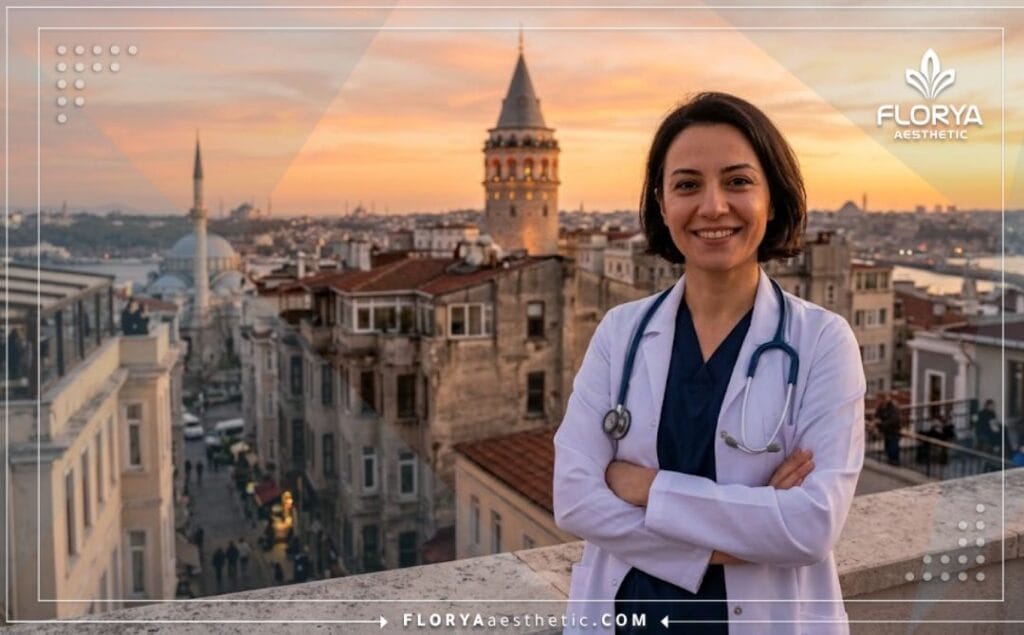 طبيب تجميل يرحب بالمرضى في اسطنبول مع خلفية لجسر البوسفور
