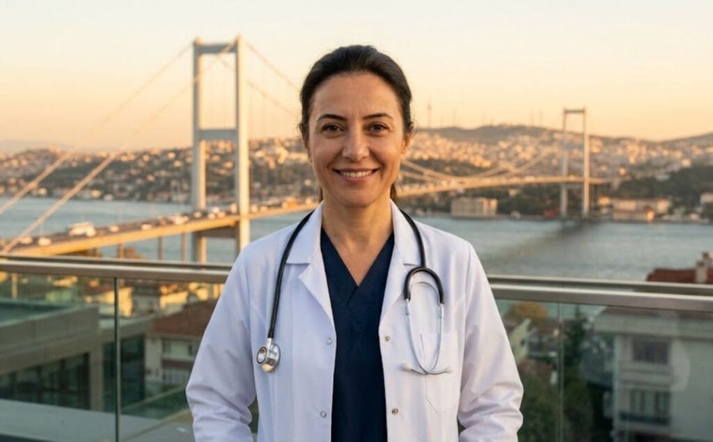 Médecin accueillant avec la ville d'Istanbul en arrière-plan.