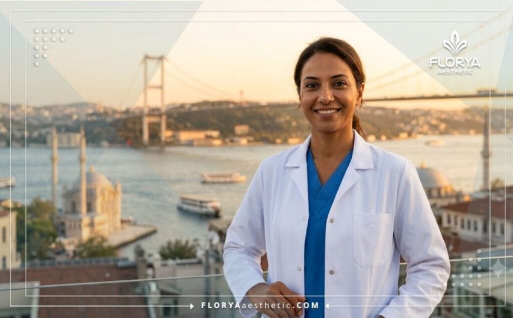 طبيب تجميل جفون مبتسم يرحب بالمرضى مع خلفية لمعالم مدينة اسطنبول الرائعة