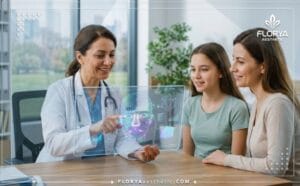 Professional doctor explaining a Teenage Rhinoplasty in Turkey treatment plan using digital tech