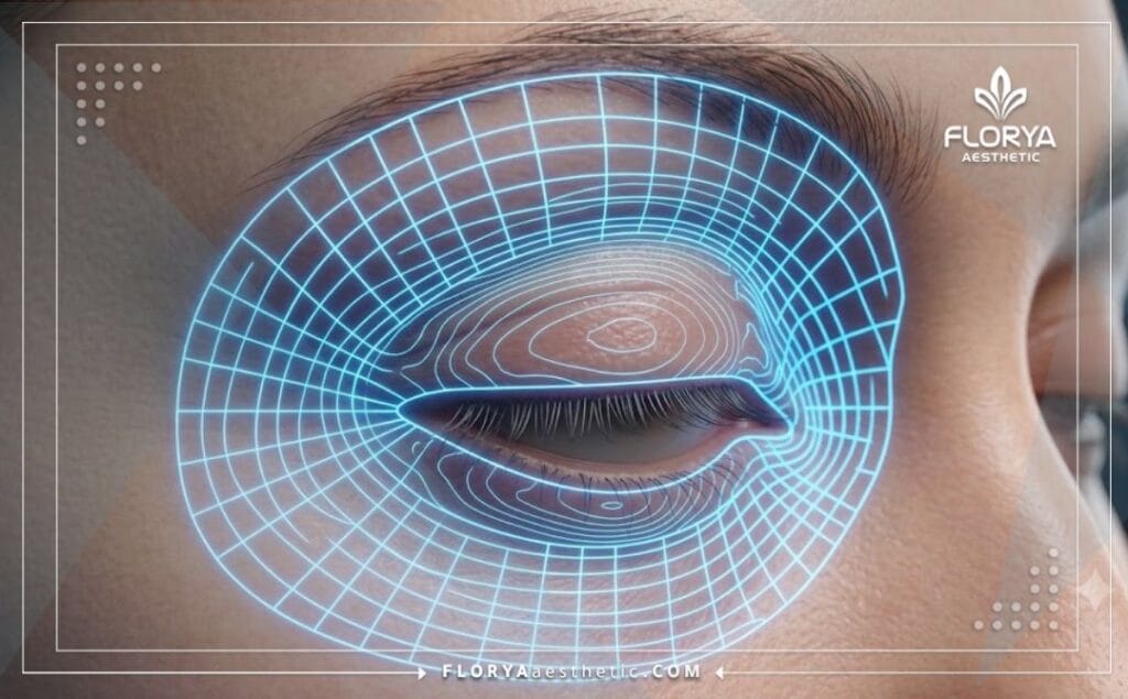 High tech 3D medical scan grid focusing on the eyelids and periorbital facial area.