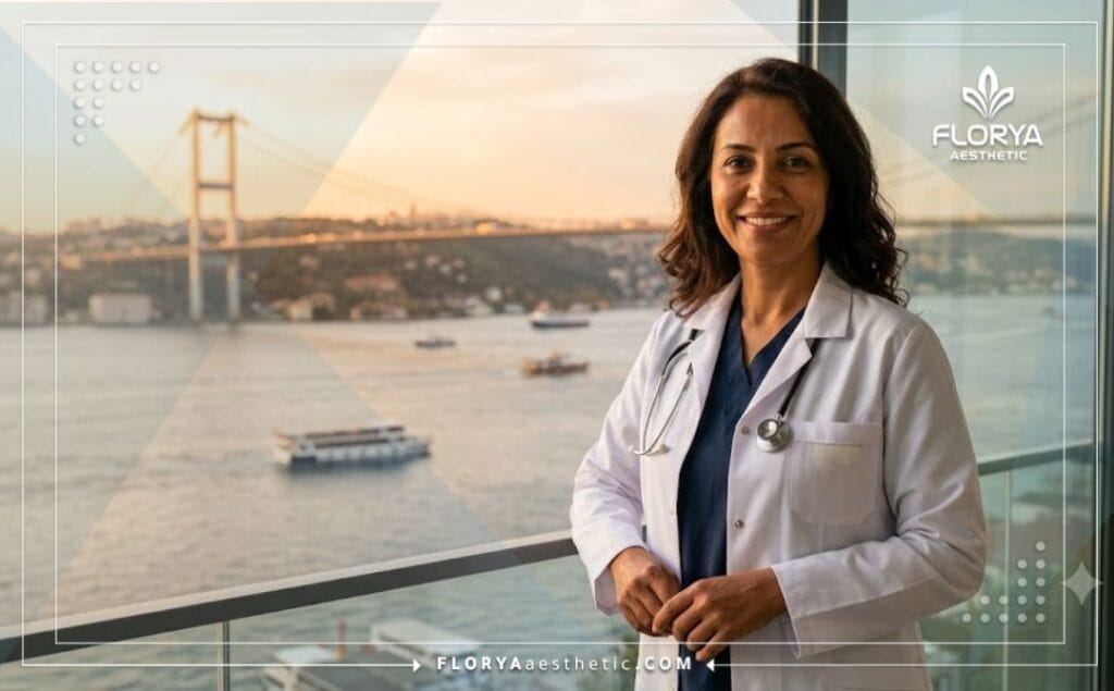 Friendly cosmetic doctor in Istanbul welcoming international patients with Bosphorus view.