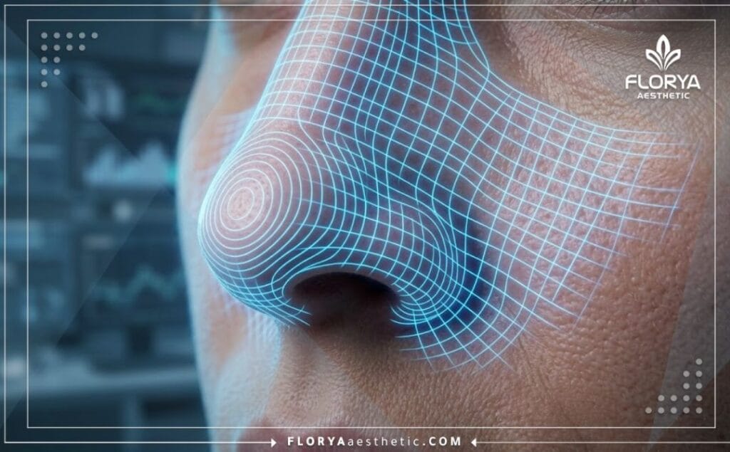 مسح رقمي ثلاثي الأبعاد ثلاثي الأبعاد لمنطقة الأنف يظهر دقة التخطيط الهيكلي.