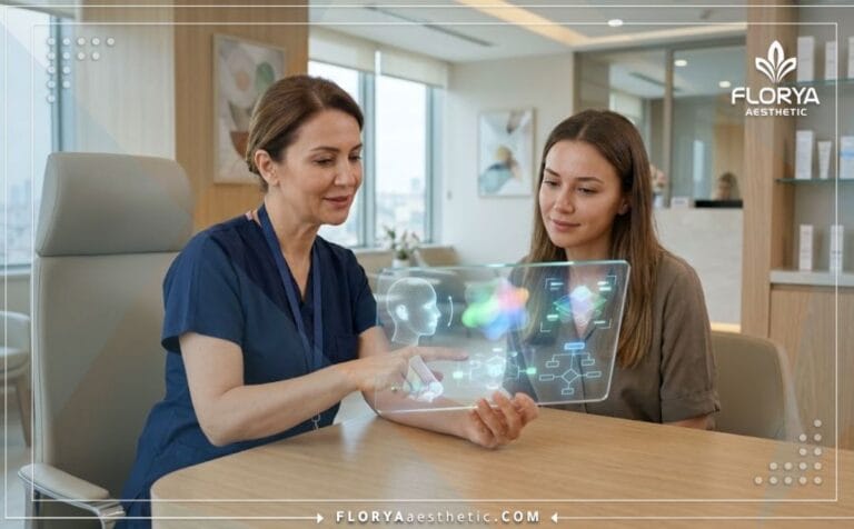 طبيب يوضح تكلفة تجميل الأنف بالخيوط في تركيا للمريض عبر شاشة رقمية حديثة