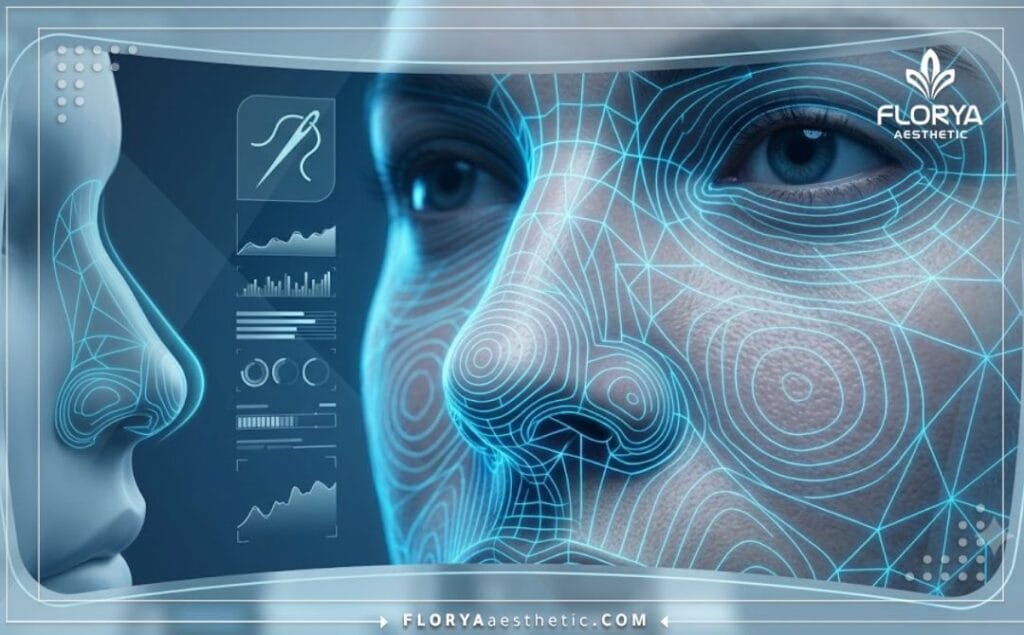 مسح رقمي ثلاثي الأبعاد لمنطقة الأنف يوضح دقة التخطيط التجميلي بدون جراحة.