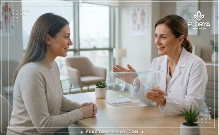 طبيب يوضح تكلفة تصغير أرنبة الأنف في تركيا للمريض باستخدام جهاز شاشة رقمية تفاعلية
