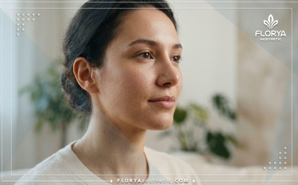 Gros plan cinématographique montrant le résultat esthétique parfait et naturel du nez.