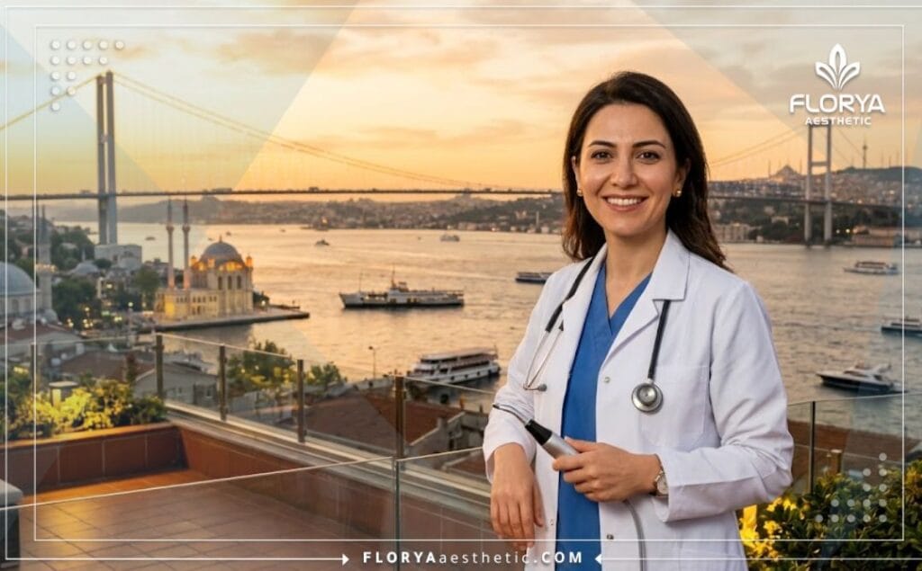 Chirurgien souriant accueillant les patients avec un monument célèbre d'Istanbul en arrière-plan.