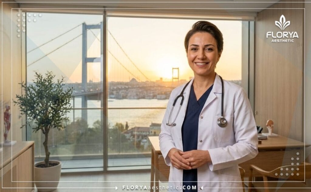 Friendly rhinoplasty specialist welcoming patients with the Istanbul skyline in the background