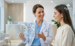 طبيب خبير يشرح خطة تجميل الأنف بالموجات فوق الصوتية (Piezo) للمريض باستخدام تقنية رقمية حديثة