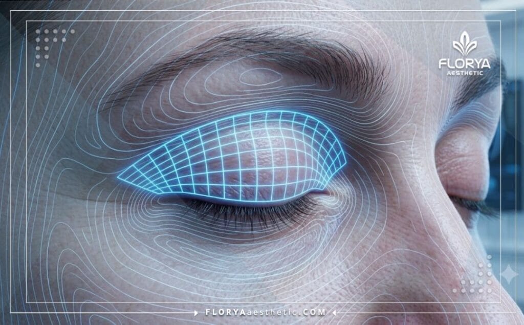 High-tech 3D digital surface scan focusing precisely on the upper eyelid area.