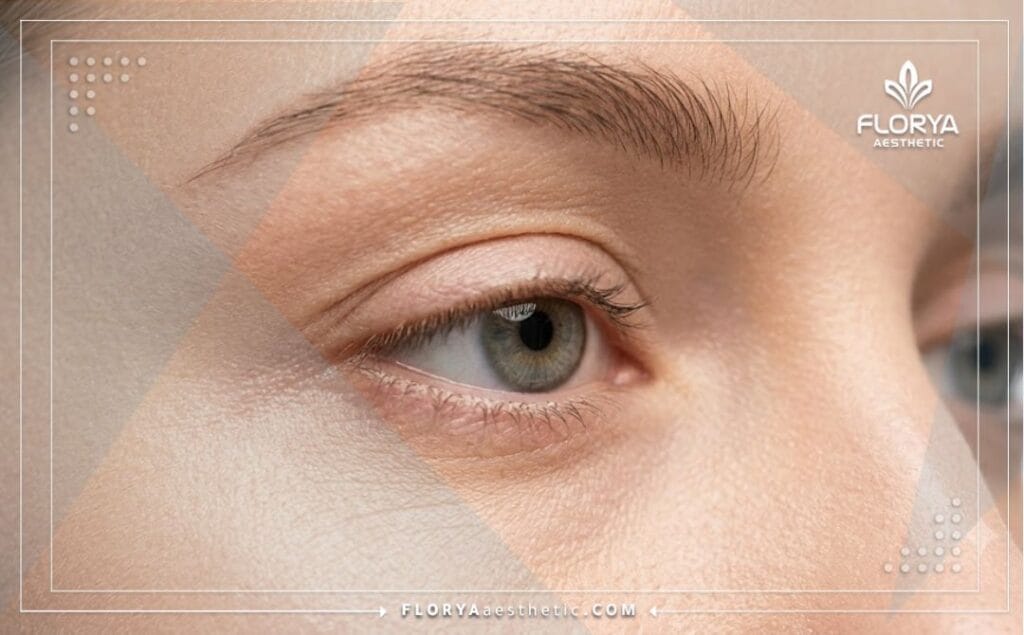 Close-up cinematic shot showing the perfect, natural aesthetic result of the eyelids.