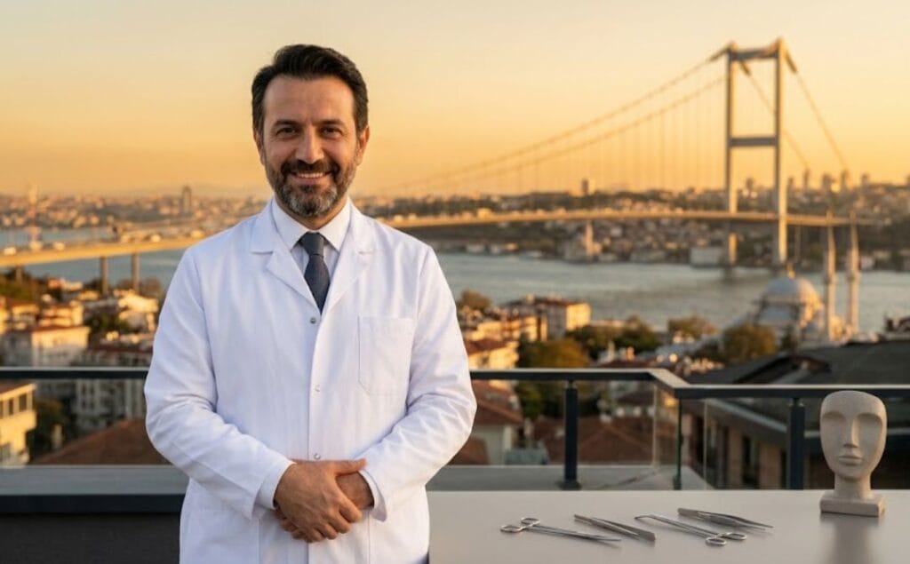 طبيب تجميل يرحب بالمرضى في اسطنبول مع خلفية الجسر