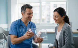 طبيب يشرح خطة علاج ترهل الجلد فوق العين في اسطنبول باستخدام جهاز لوحي متطور