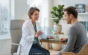 طبيب يشرح خطة تجميل أرنبة الأنف المرفوعة باستخدام تقنية رقمية حديثة للمريض